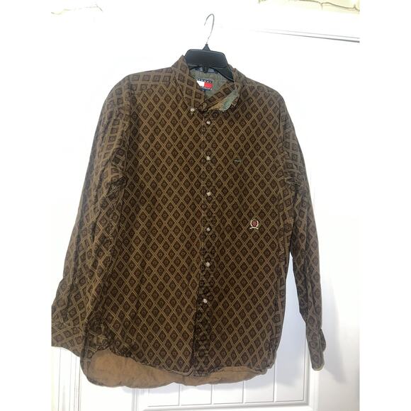 Vintage 90s Tommy Hilfiger Button Down Brown Paisley All Over Print Shirt Large - Picture 1 of 4